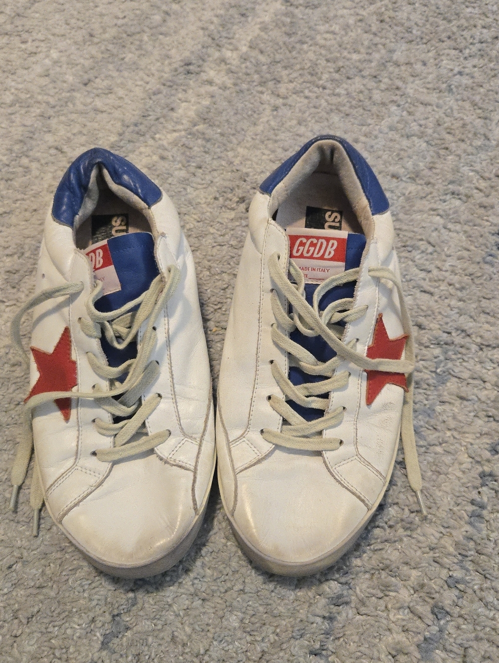 Golden Goose Super-Star Sneakers White Leather Red Star Blue Heel Tab EU 42.5 - Picture 2 of 15